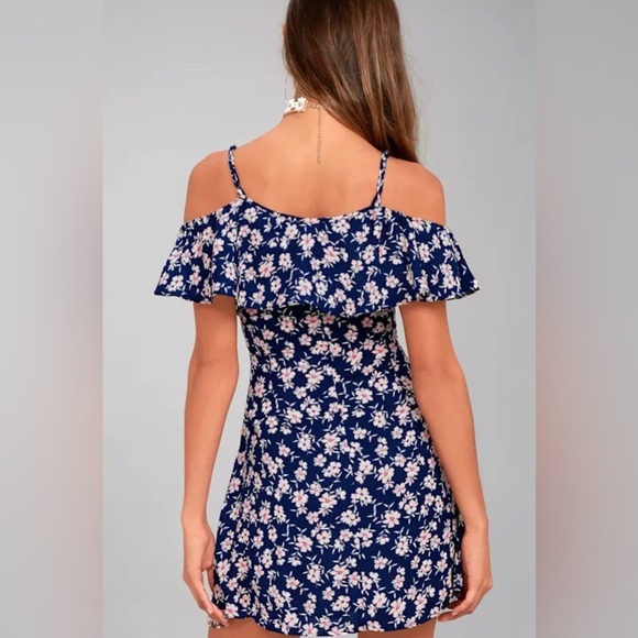 Catching Glances Navy Blue Floral Print Off-the-Shoulder Dress size XS - Picture 3 of 5